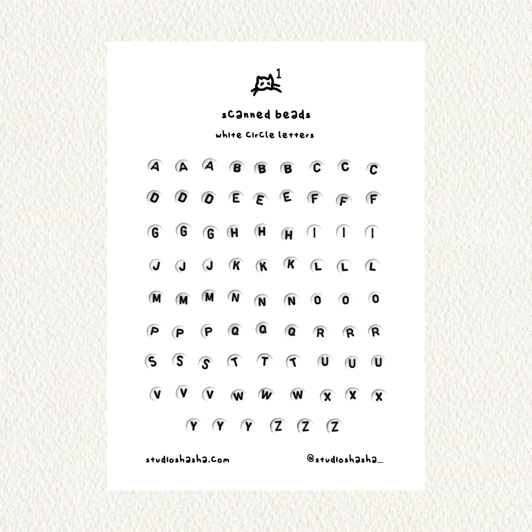 Scanned Beads Sticker Sheet – White Circle Letters